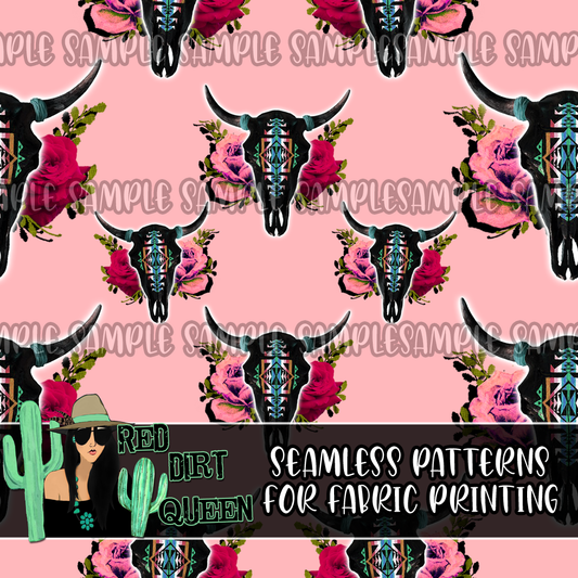 Seamless Pattern Floral Aztec Skulls Pink