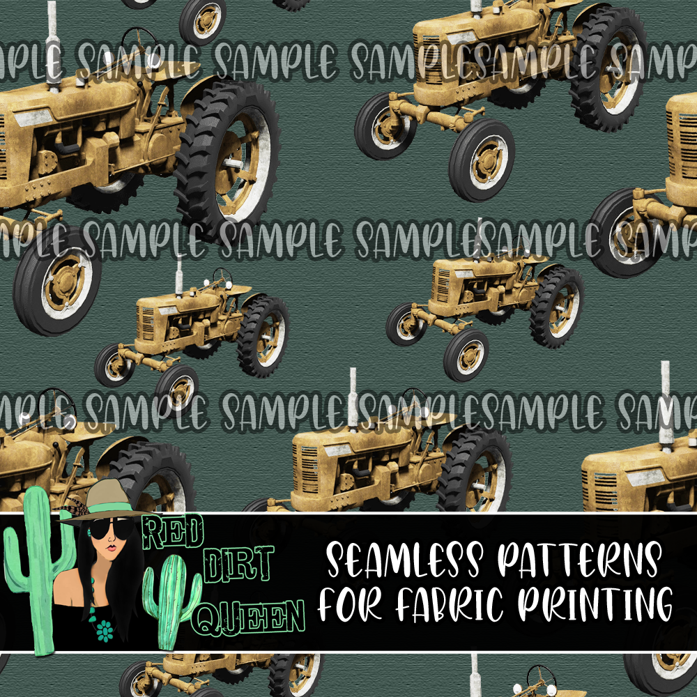 Seamless Pattern Vintage Yellow Green Tractors