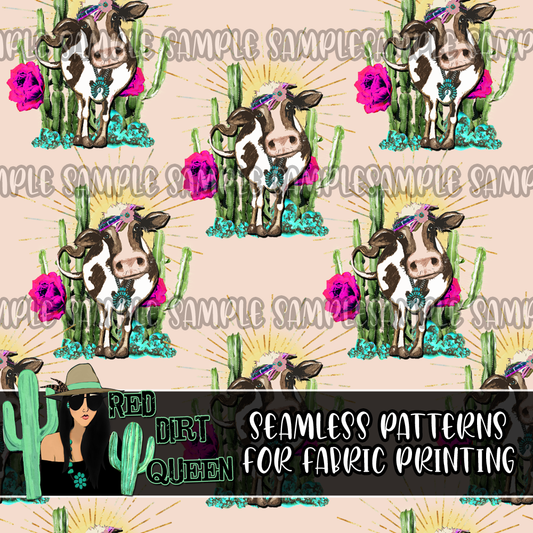 Seamless Pattern Serape Cactus Cow