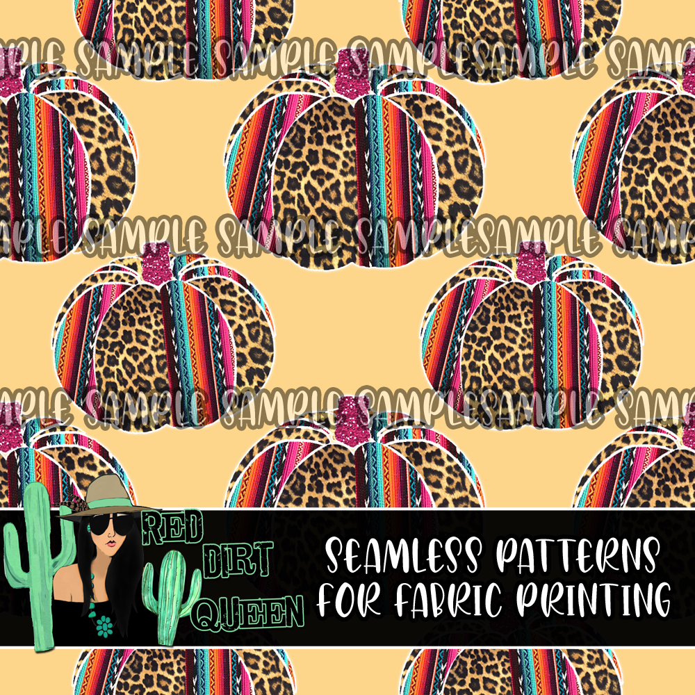 Seamless Pattern Serape Leopard Pumpkins Yellow