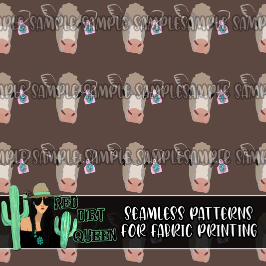 Seamless Pattern Brown Cows Turquoise Tag