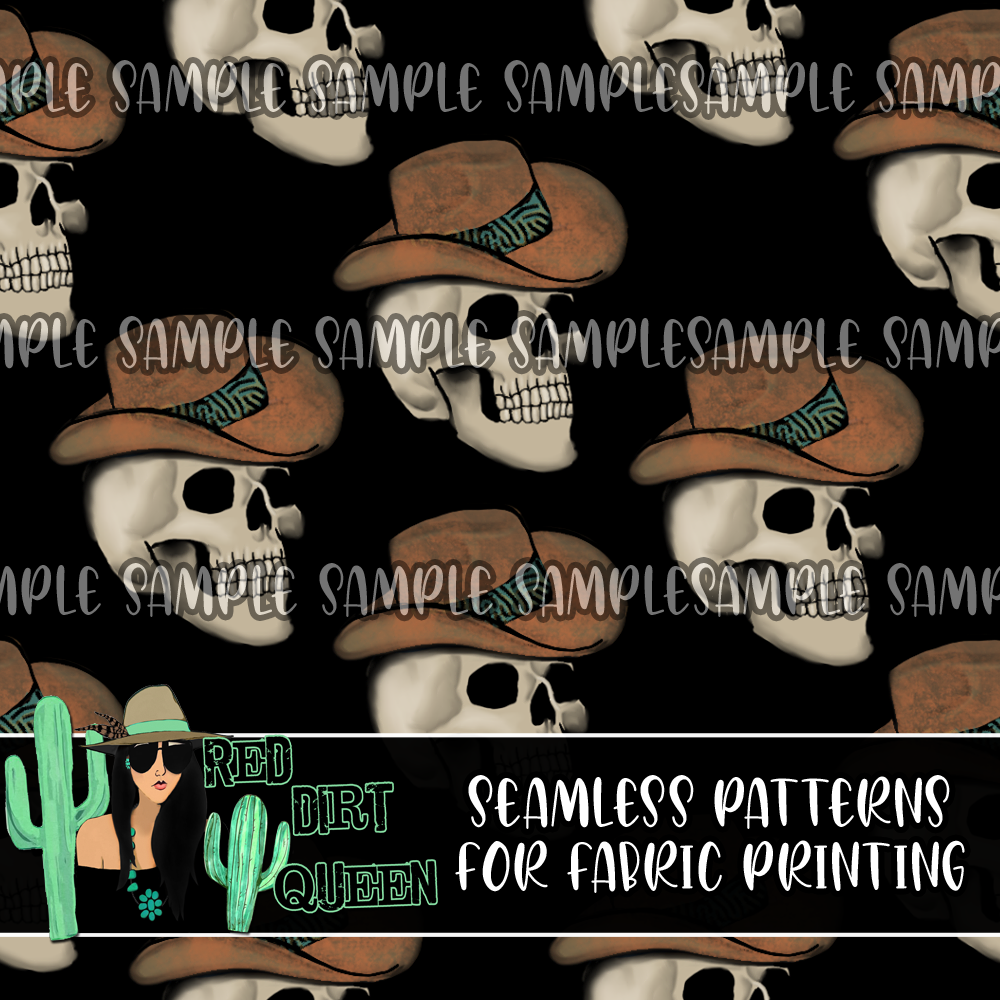 Seamless Pattern Cowboy Hat Skulls Black