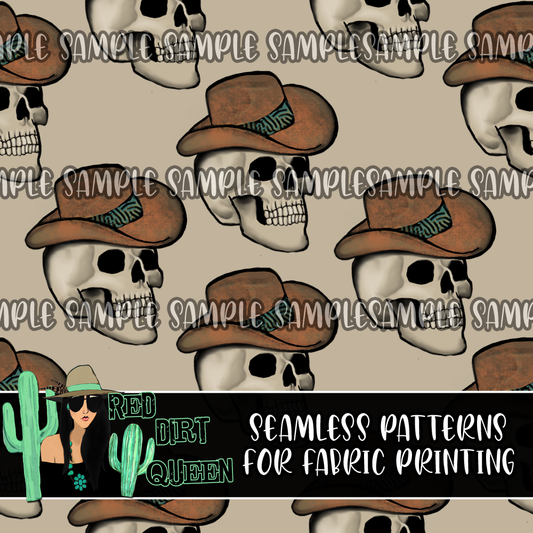 Seamless Pattern Cowboy Hat Skulls Tan