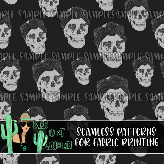 Seamless Pattern top Knot Skulls Black