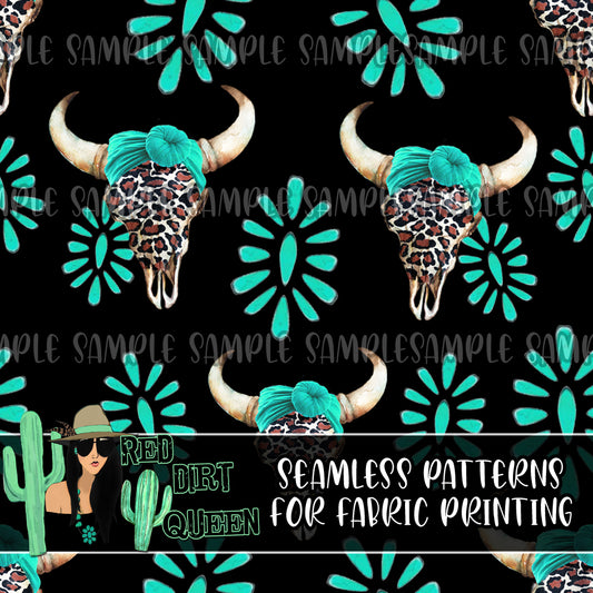 Seamless Pattern Turquoise Top Knot Skulls