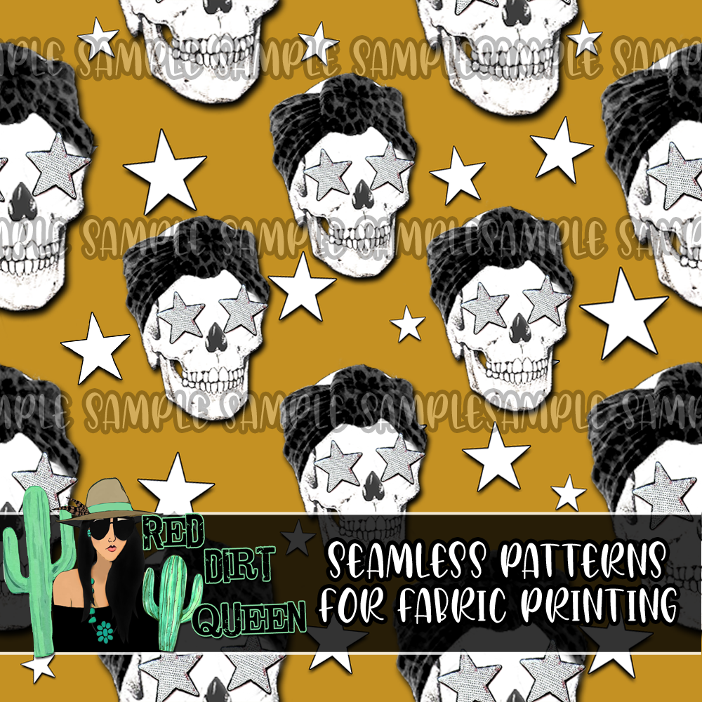 Seamless Pattern Skull Top Knot Skulls And Stars Yellow