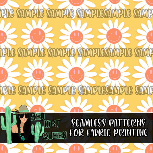 Seamless Pattern Groovy Smiley Flowers Yellow