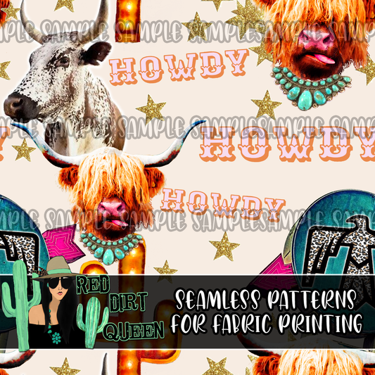 Seamless Pattern Howdy Cows Stars