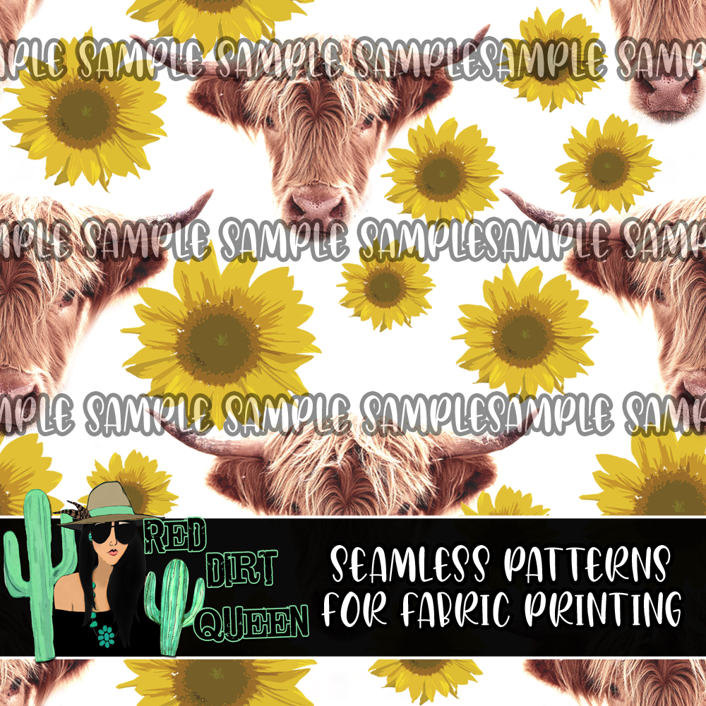 Seamless Pattern Furry Cow Sunflowers
