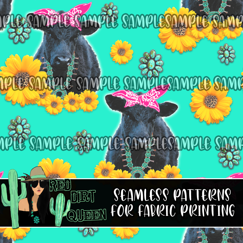 Seamless Pattern Turquoise Squash Sunflower Cows