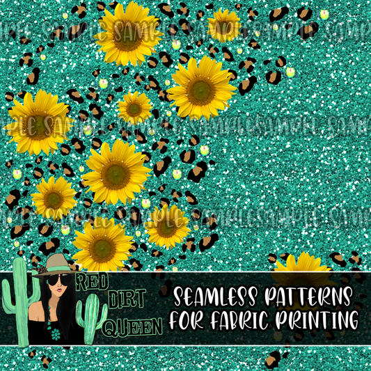 Seamless Pattern Teal Glitter Leopard Sunflowers