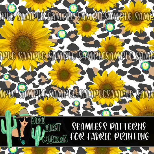 Seamless Pattern Sunflower Leopard Rhinestones