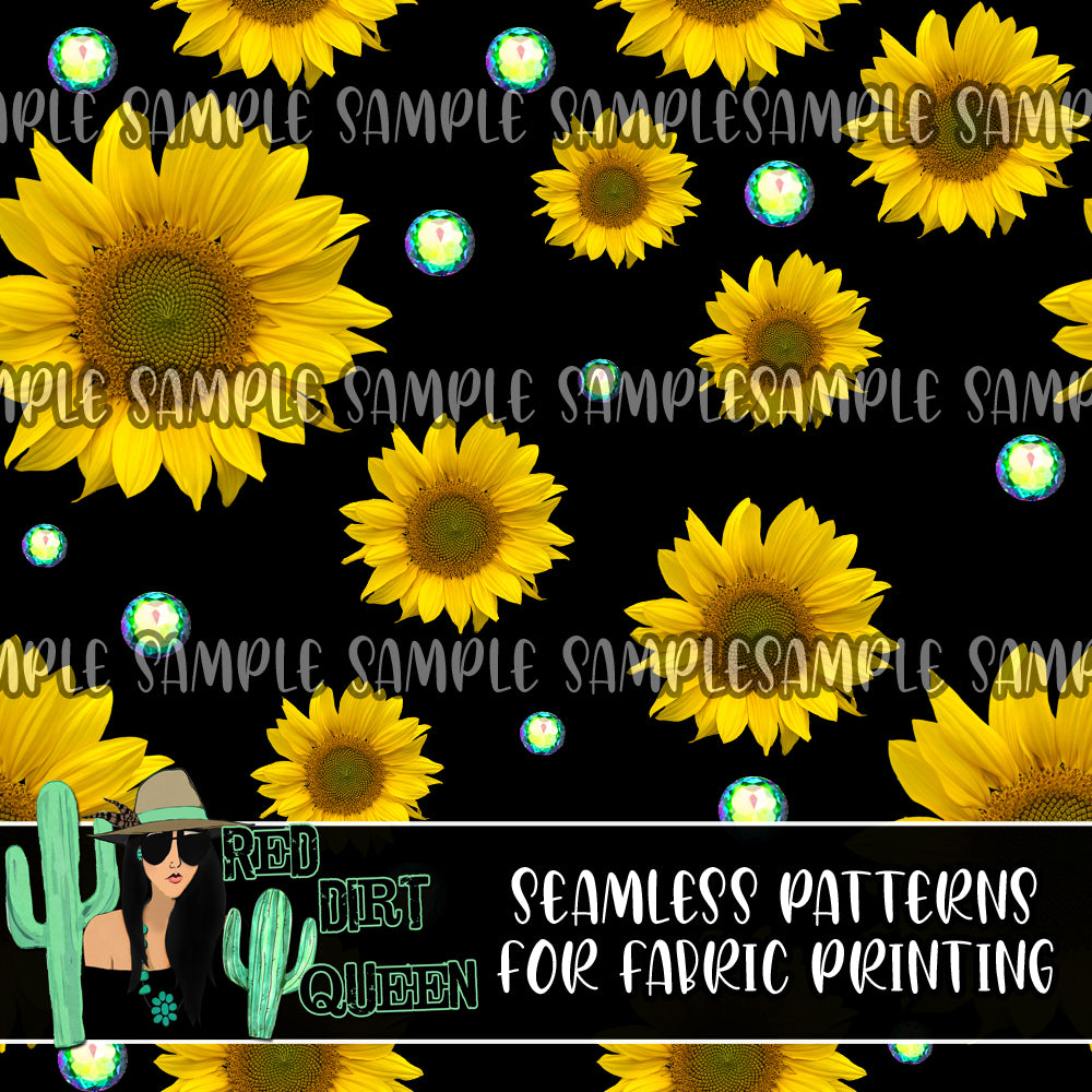 Seamless Pattern Black Sunflower Rhinestones