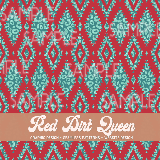 Seamless Pattern Teal Red Leopard Aztec