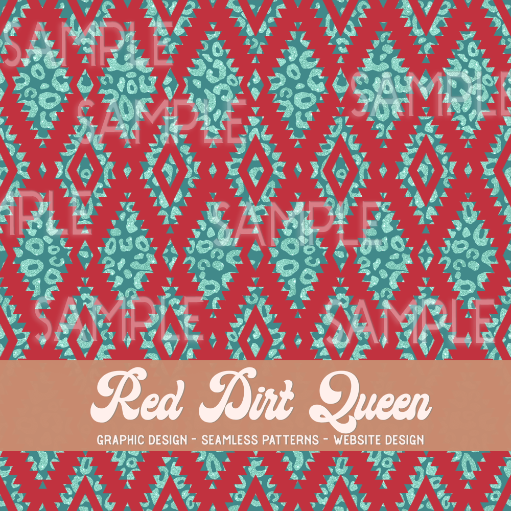 Seamless Pattern Teal Red Leopard Aztec