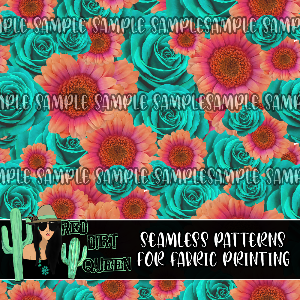 Seamless Pattern Turquoise Pink Florals