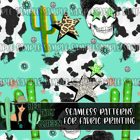 Seamless Pattern Skulls Cactus Stars Mix