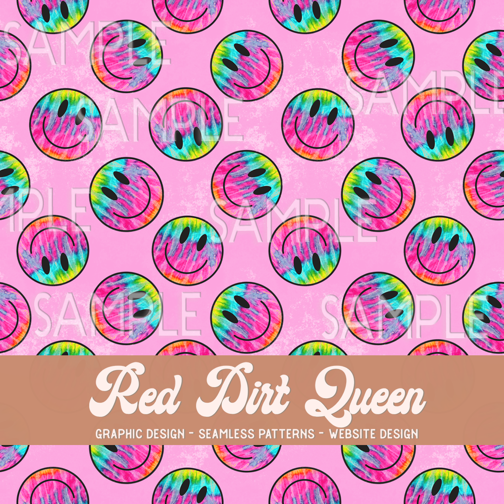Seamless Pattern Rainbow Tie Dye Pink Smileys