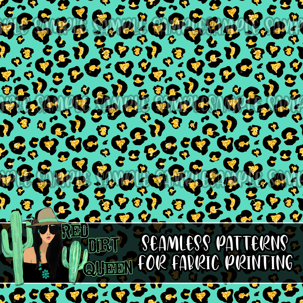 Seamless Pattern Small Gold Glitter Turquoise Leopard