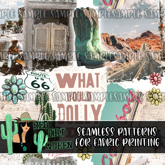 Seamless Pattern Cowgirl Collage