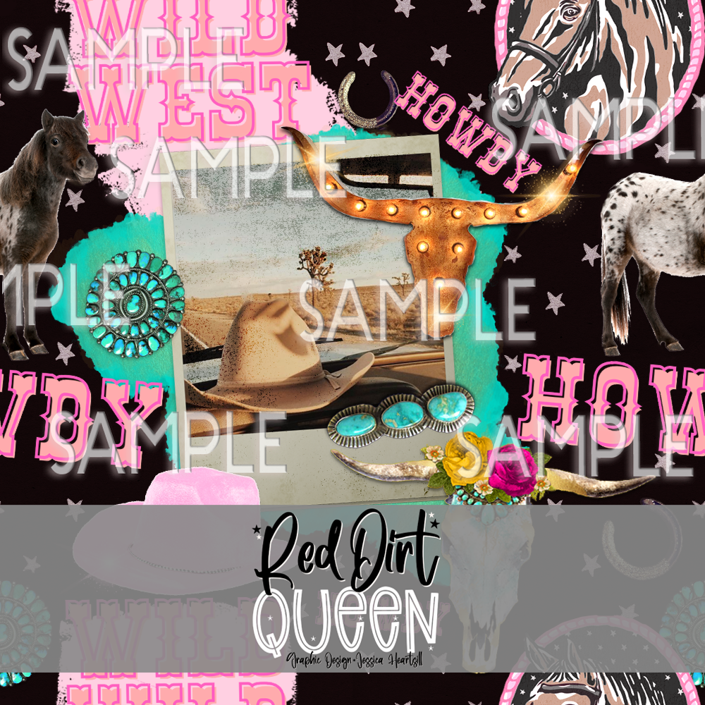 Seamless Pattern Wild Cowgirl Stars Collage