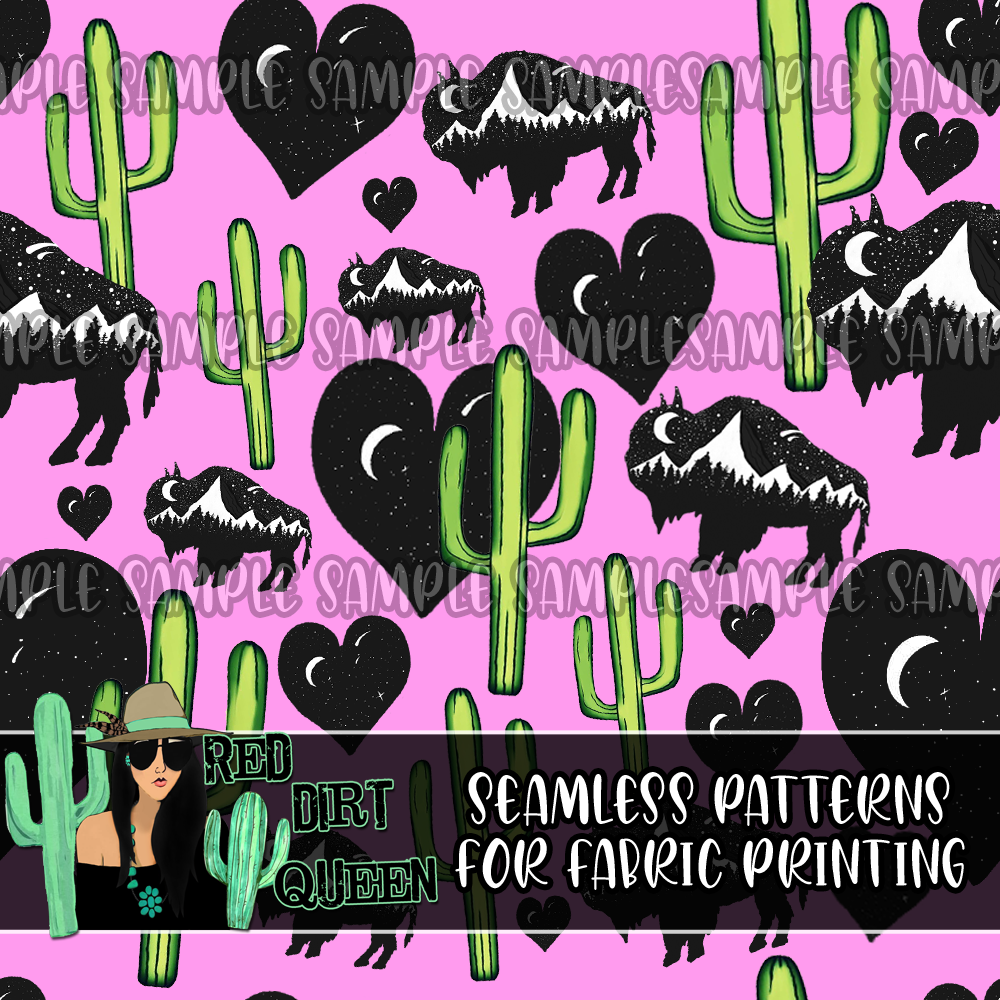 Seamless Pattern Purple Cactus Hearts Buffalos
