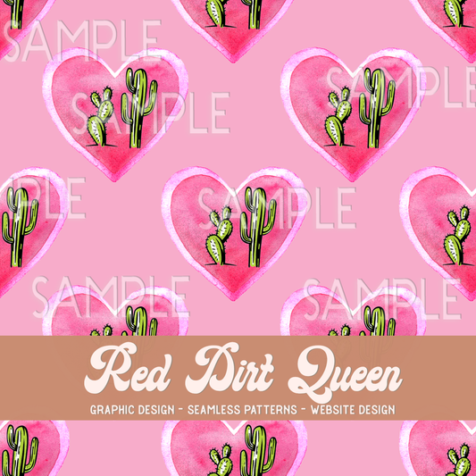 Seamless Pattern Pink Cactus Hearts