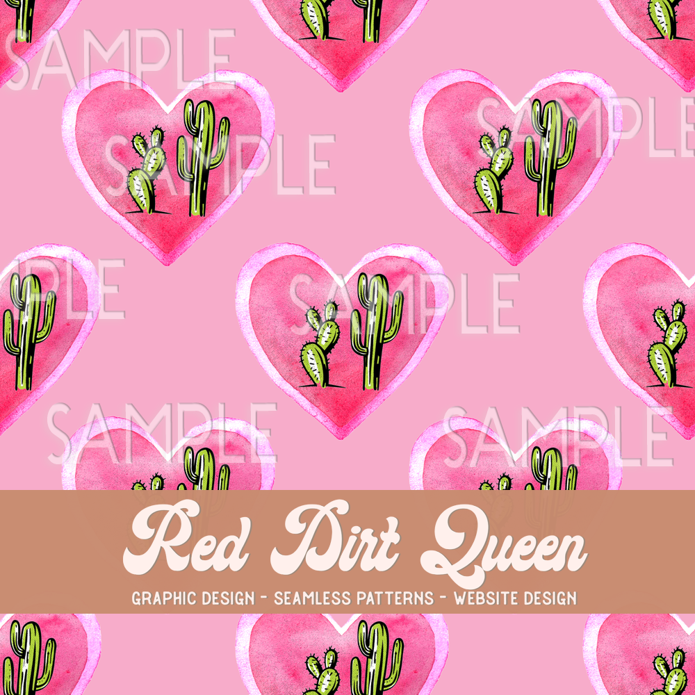 Seamless Pattern Pink Cactus Hearts