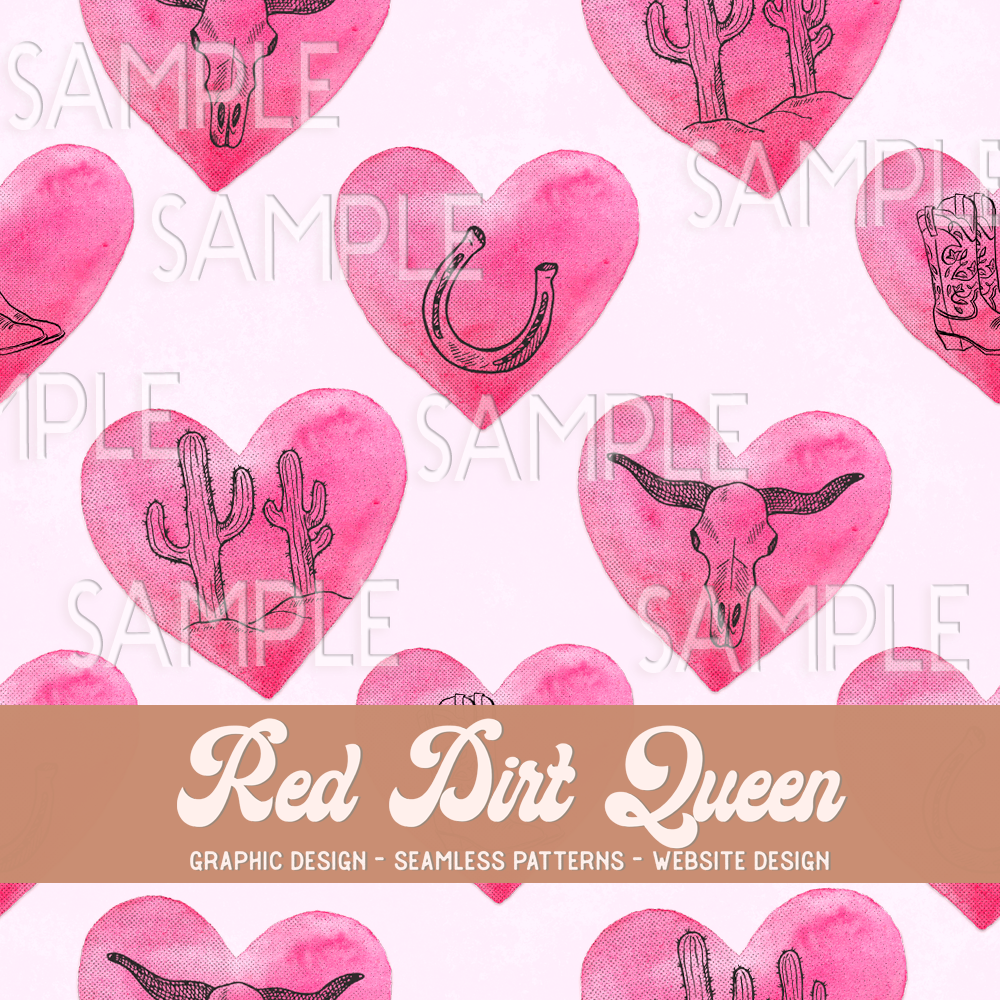 Seamless Pattern Distressed Pink Western Cowgirl Hearts