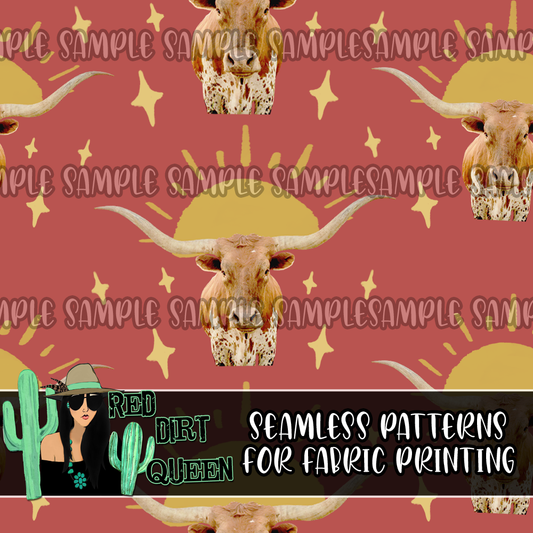 Seamless Pattern Red Longhorn Sun